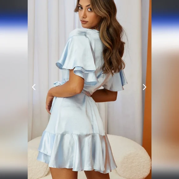 SOLD Selfie Leslie CAMI ANGEL SLEEVE FAUX WRAP DRESS STEEL BLUE - Picture 4 of 16